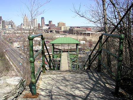 approaching top of the big green stairs