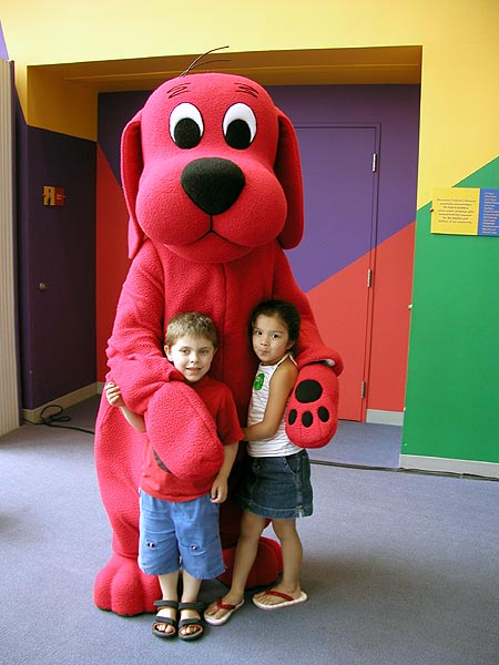 our kids with a not-to-scale Clifford