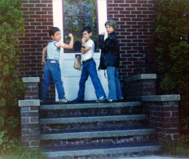 Tom dressed up as the Fonz with neighbor kids for Happy Days day at school